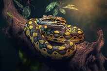  A Large Yellow And Black Snake Sitting On A Tree Branch In A Forest Setting With Leaves And Branches Around It, With A Dark Background Of Green Leaves And A Dark Sky With A Few. , AI