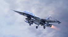 F-16 Fighting Falcon, Advanced 4th Generation Multi-role Fighter Jet With Cannon, Air-to-air Missiles, Air-to-surface Munitions. USA, NATO Military Air Force F16 Jet Taking Off. US Aircraft, 3D Image