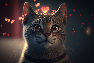  portrait of a cute cat with heart tiara, ai generated