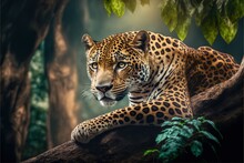  A Large Leopard Laying On Top Of A Tree Branch In A Forest Next To A Tree Trunk And A Tree Trunk With A Few Leaves On It's Branches And A Green Background With A. , AI Generative AI