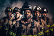 © Sunshower Shots - Team of firefighters. Fictitious badges. Generative AI