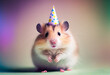 Portrait von einem Hamster mit Partyhut und Geburtstagstorte am Geburtstag feiern vor pastellfarbenen Hintergrund - Generative Ai
