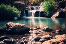  A Waterfall Is Seen In The Background Of A River With Rocks And Plants In The Foreground And A Green Bush In The Background, With A Blue Sky And White Border, With A.