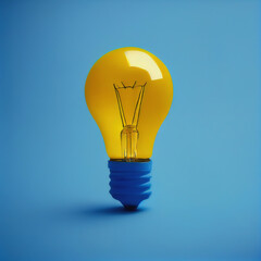 Canvas Print - yellow light bulb illuminated on a blue background. generative ia. 1