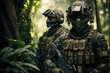 © Ecleposs - jungle Special Forces Military Unit in Full Tactical Gear in the desert, generative ai forest scene