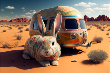 Generative AI illustration representing caravan in desert with rabbit painted in colors