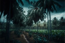  A Painting Of A Tropical Scene With Palm Trees And A Dirt Path Leading To A Forest With A Lot Of Green Plants And Trees On A Cloudy Day With Dark Sky In The Background With.