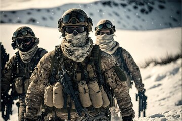 Wall Mural - Snow Special Forces Military Unit in Full Tactical Gear in the desert, generative ai ice cold scene