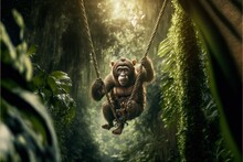  A Monkey Hanging From A Rope In A Jungle With A Tree In The Background And A Sunbeam In The Foreground, With A Jungle In The Foreground, A Hanging From A.