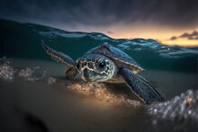  A Turtle Swimming In The Ocean At Night Time With A Full Moon In The Background And A Starfish In The Foreground, With A Dark Sky And Clouds And Waterline With A. Generative AI