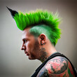 Generative AI - Punk Rock Edge: A Profile of a Tattooed Rocker With Green Mohawk