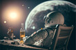 An astronaut lies on a sun lounger and drinks beer on an alien planet, the concept of travel and lifestyle of an astronaut on another planet, uncharted space, illustration art generated by ai