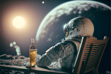 Wall Mural - an astronaut lies on a sun lounger and drinks beer on an alien planet, the concept of travel and lif
