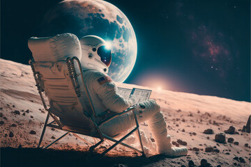 Wall Mural - an astronaut sits on a chair on an alien planet and looking at the sky, the concept of travel and li