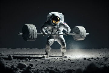 Wall Mural - powerlifter astronaut lifts the barbell on an alien planet, does weightlifting, travel and healthy l