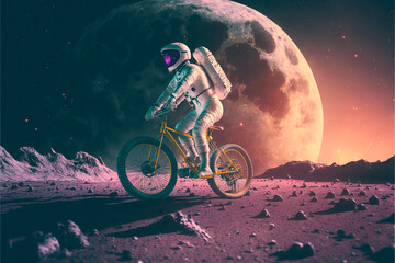 Wall Mural - astronaut rides a mountain bike on an alien planet, goes in for sports, the concept of travel and a 