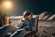 Leinwandbild Motiv An astronaut lies on a sun lounger and drinks beer on an alien planet, the concept of travel and lifestyle of an astronaut on another planet, uncharted space, illustration art generated by ai