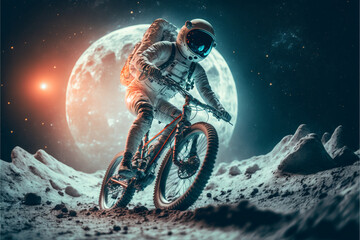 Astronaut rides a mountain bike on an alien planet, goes in for sports, the concept of travel and a healthy lifestyle, the idea of active pastime, uncharted space, art generated ai