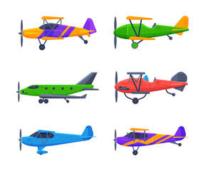 Canvas Print - Airplane with Propeller and Wings Side View Vector Set