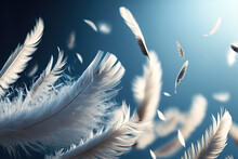 Close-up Of White Feathers Flying In Blue Sky, Ai Generated