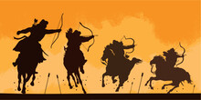 Silhouette Of A Horse Archers And Warriors.  Mongolian Nomad Steppe Cavalry. Soldiers Attack. Vector Illustration. Isolated. Medieval.