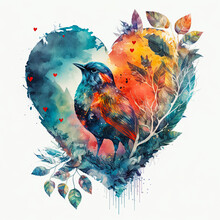 Heart. Watercolor Double Exposure Heart. Love For Nature Poster. Generative Ai. Valentines Day Background