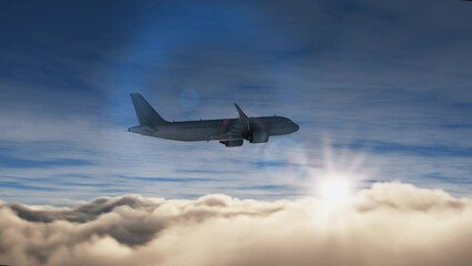 Wall Mural - commercial airplane traveling above clouds at sunset. cinematic shot of a generic plane going throug