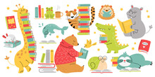 Funny Animals Read Books Flat Icons Set. Cute Cartoon Tiger, Dolphin, Crocodile, Snail,bird Reading Interesting Texts
