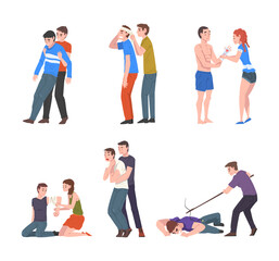 Wall Mural - Emergency First Aid Procedure with Man and Woman Helping Victim Vector Set