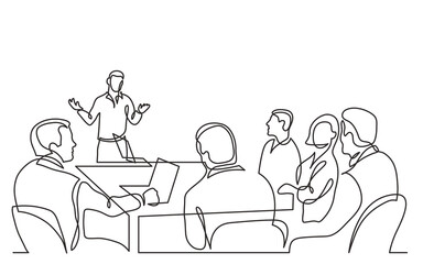 Poster - continuous line drawing vector illustration with fully editable stroke of diverse office workers ask