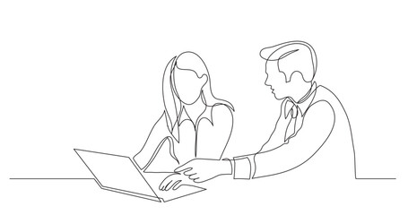 Poster - continuous line drawing vector illustration with fully editable stroke of manager helping employee p