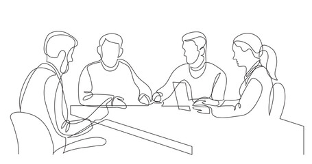 Wall Mural - continuous line drawing vector illustration with FULLY EDITABLE STROKE of modern business team brainstorming during meeting