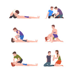 Wall Mural - Emergency First Aid Procedure with Man and Woman Helping Victim Vector Set