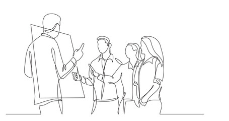Poster - continuous line drawing vector illustration with FULLY EDITABLE STROKE of modern sturtup team members discussing near whiteboard