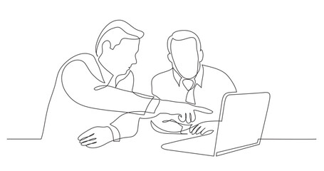 Poster - continuous line drawing vector illustration with FULLY EDITABLE STROKE of two business partners discussing presentation on laptop screen
