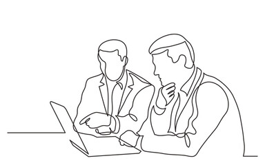 Wall Mural - continuous line drawing vector illustration with FULLY EDITABLE STROKE of two businessmen discuss work project on laptop computer screen during metting continuous line drawing