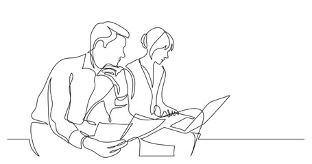 Poster - continuous line drawing vector illustration with FULLY EDITABLE STROKE of two coworkers working on documents with laptop computer
