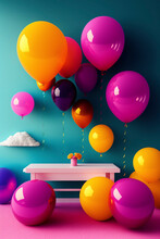 Colorful Balloons In Various Colors Of Yellow, Magenta, And Gold Rest On The Floor And Float In The Air, With Reflections Visible. The Room's Interior Has A Light Color Scheme. This Festive Raster
