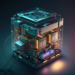 Wall Mural - Abstract illustration of a futuristic supercomputer with intricate design elements, neon lights and gold accents. The device is shown with reflective glass elements and detailed microcircuits against 