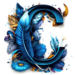 Sticker - Capital letter C made of blue feathers, flourishes and water colour paints. Isolated on white background. Colourful alphabet series.  
Digitally generated AI image