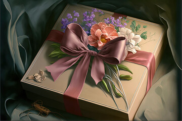  a painting of a box with a pink ribbon and flowers on it, with a bow on the front of the box, and a pair of scissors on the side of the box,. Generative AI