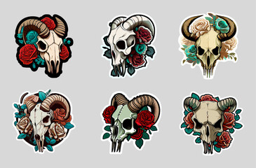 Tattoo skull of a ram or bull with roses isolated on white background. Skull of a sheep. Horns. Old School Tattooing Style. Stickers. Boho print, poster, t-shirt, textiles. Vector illustration 