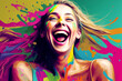 extremely happy young woman, colorful spectacle of emotions with color splash, colorful splashes with a laughing face of attractive female woman. Generative AI