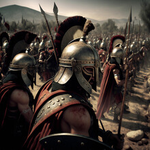 Fictional Greek Warriors Or Combatants In Armor And With Weapons, Men At War. Generative AI