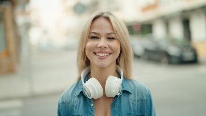 Poster - Young blonde woman smiling confident wearing headphones at street