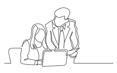 Poster - continuous line drawing vector illustration with fully editable stroke of boss and employee discussi