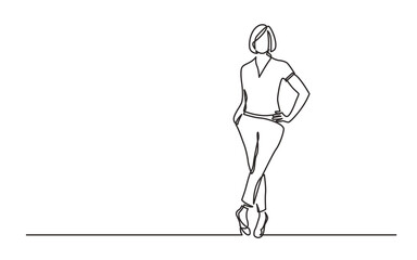 Poster - continuous line drawing vector illustration with fully editable stroke of confident woman posing sta