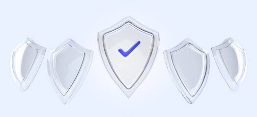 Poster - Glass transparent shield icon set 3d render. Protect and safety symbol with blue check mark, antivirus badge, computer or mobile access security isolated on background front side view