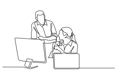 Canvas Print - continuous line drawing vector illustration with FULLY EDITABLE STROKE of  office workers discussing problem