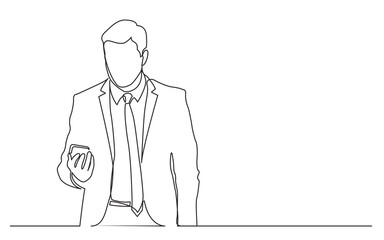 Poster - continuous line drawing vector illustration with FULLY EDITABLE STROKE of  standing man in suit checking phone